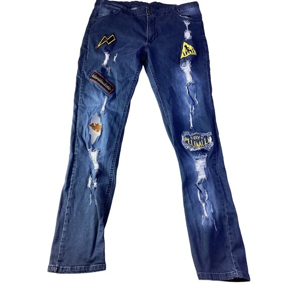 Men's Fashion Guys Patched Distressed Ripped Jeans *Size 34 * Blue   Denim - Picture 1 of 13
